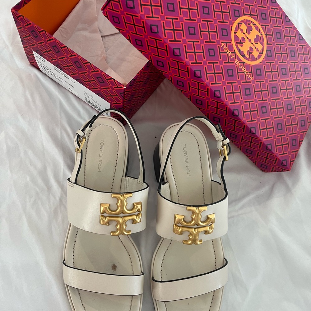 Tory Burch Ivory Leather Logo Slingback Sandals with Gold Emblem